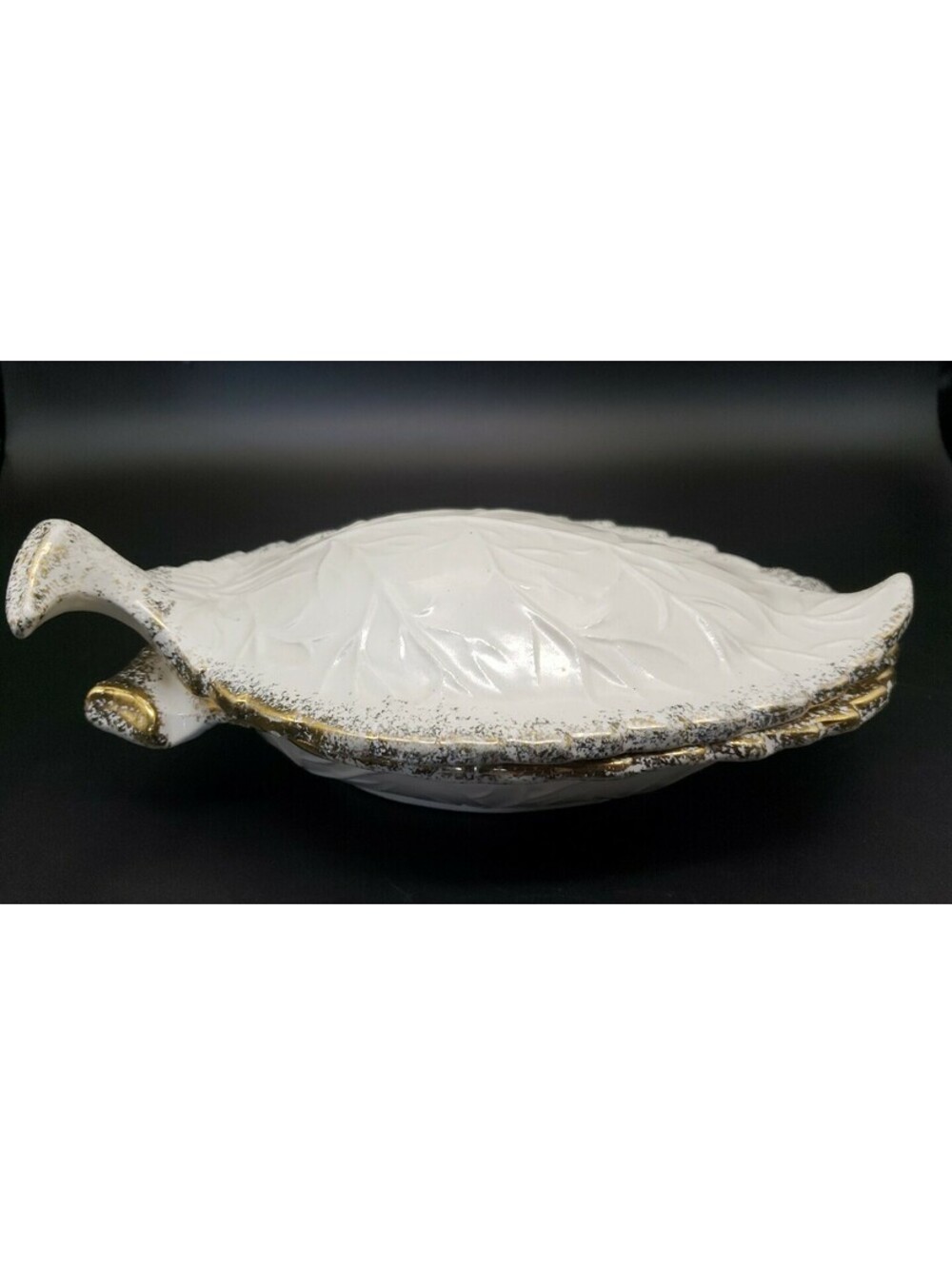 Vintage MCM USA Pottery Covered Leaf Dish Calif Orig 738 White Gold Trinket Dish